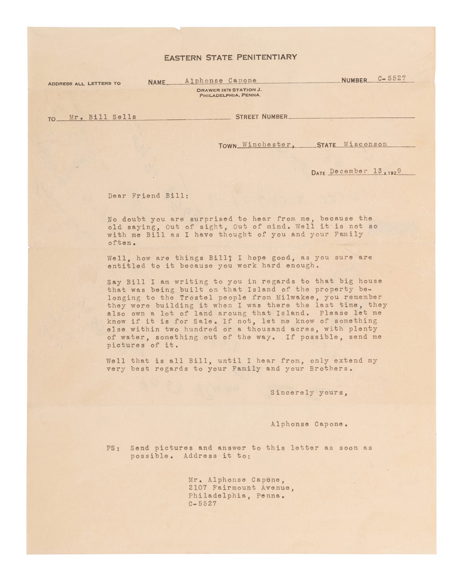 Typed letter unsigned, to Bill Sells ("Friend Bill"). Philadelphia, 13 December 1929.