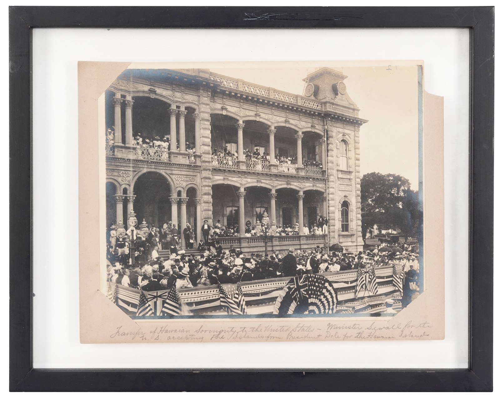 An original gelatin silver image of the transfer of Hawaiian sovereignty to the United States, is estimated at $2,000-3,000