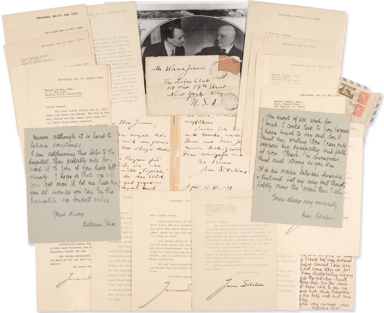 J. Sibelius. Remarkable collection of 22 letters signed, to Werner Janssen, 1934-1957