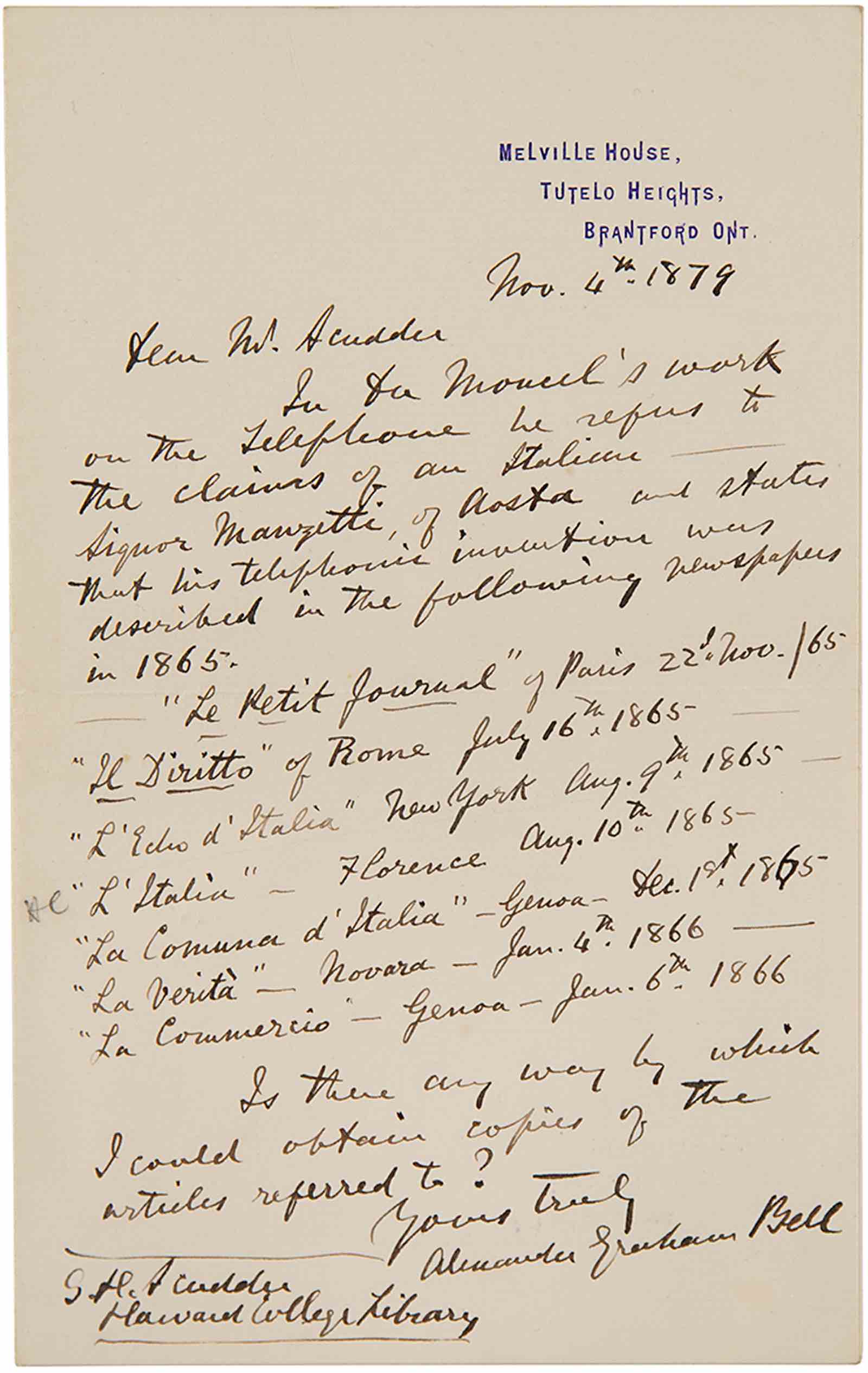 Alexander Graham Bell's autographed signed letter on the invention of the telephone