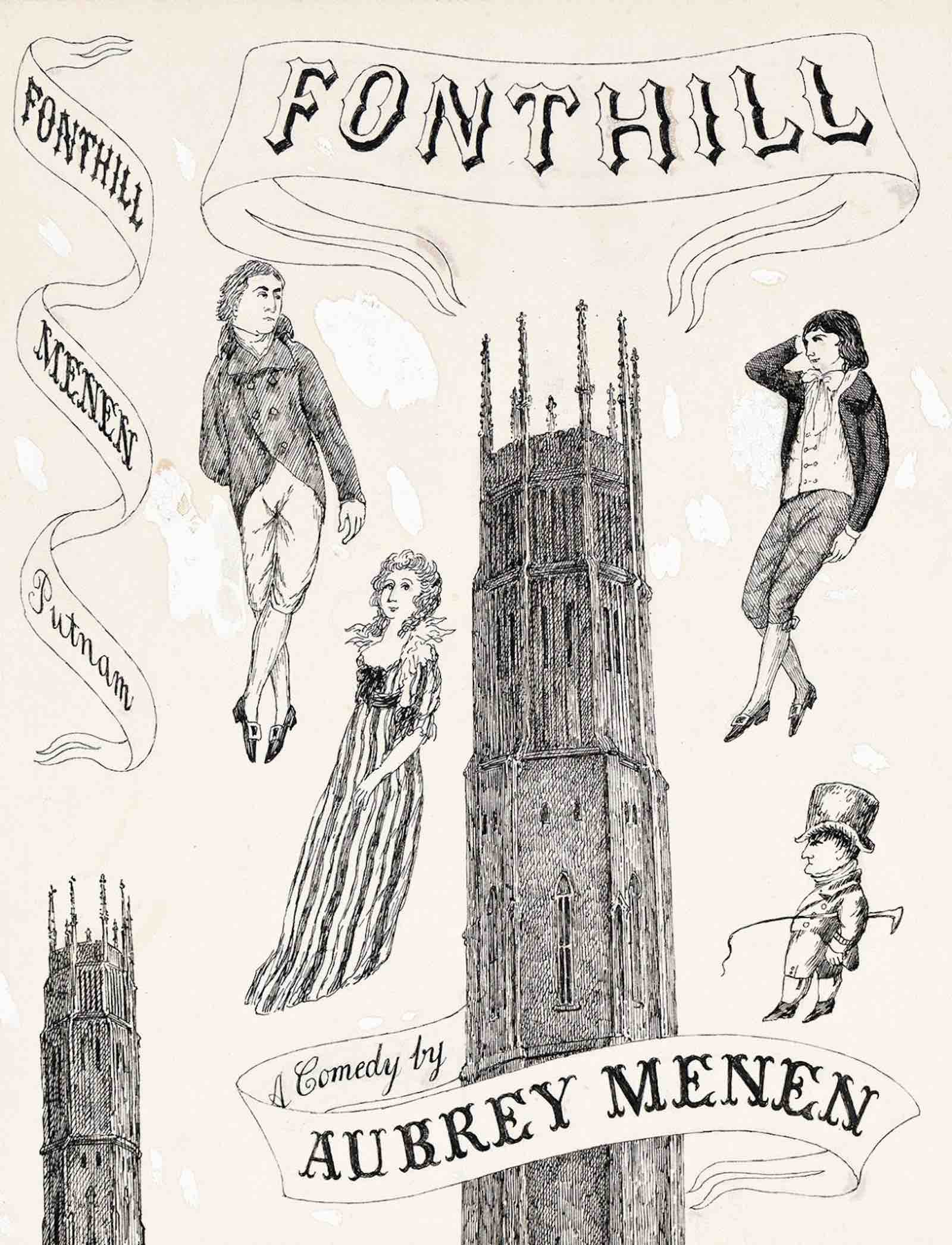 Lot 44: Edward Gorey, Fonthill Abbey with characters, pen and ink with white gouache touch-ups, cover and spine for Fonthill, a Comedy by Aubrey Mennen, 1974. Estimate $5,000 to $7,500.