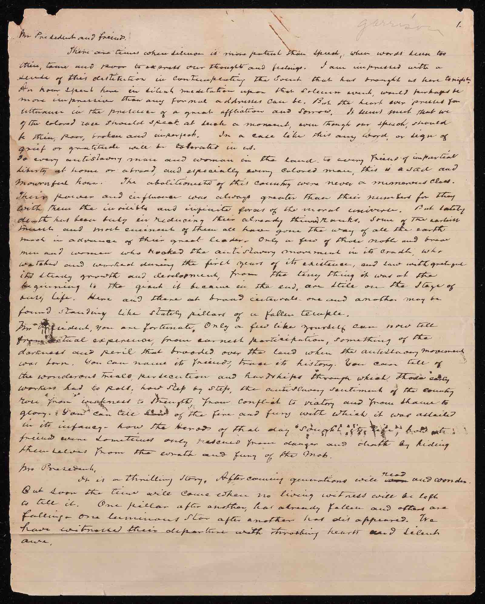 Oration on the death of William Lloyd Garrison, manuscript version, by Frederick Douglass