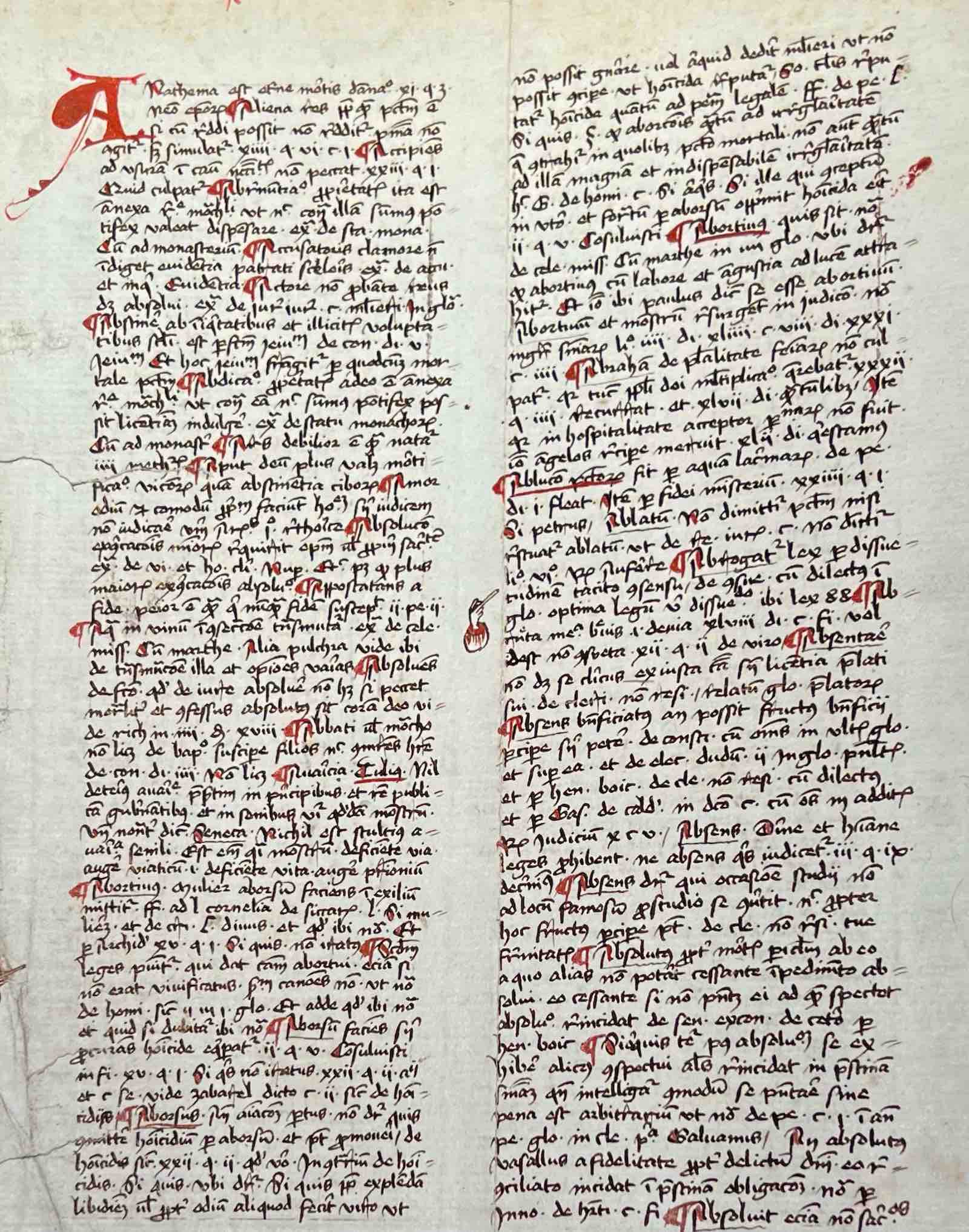 The manuscript leaf from a Latin word-list, the terms deriving from canon law. Germany, 15th century.