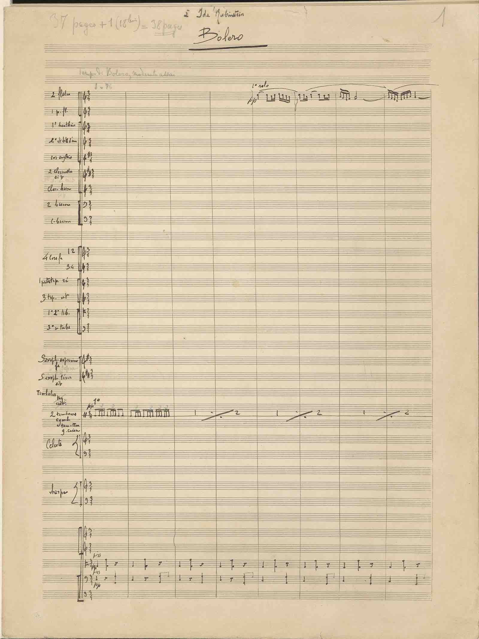 Maurice Ravel, Bolero, autograph manuscript, full score, p. 1, 1928. Dedication “to Ida Rubinstein"
