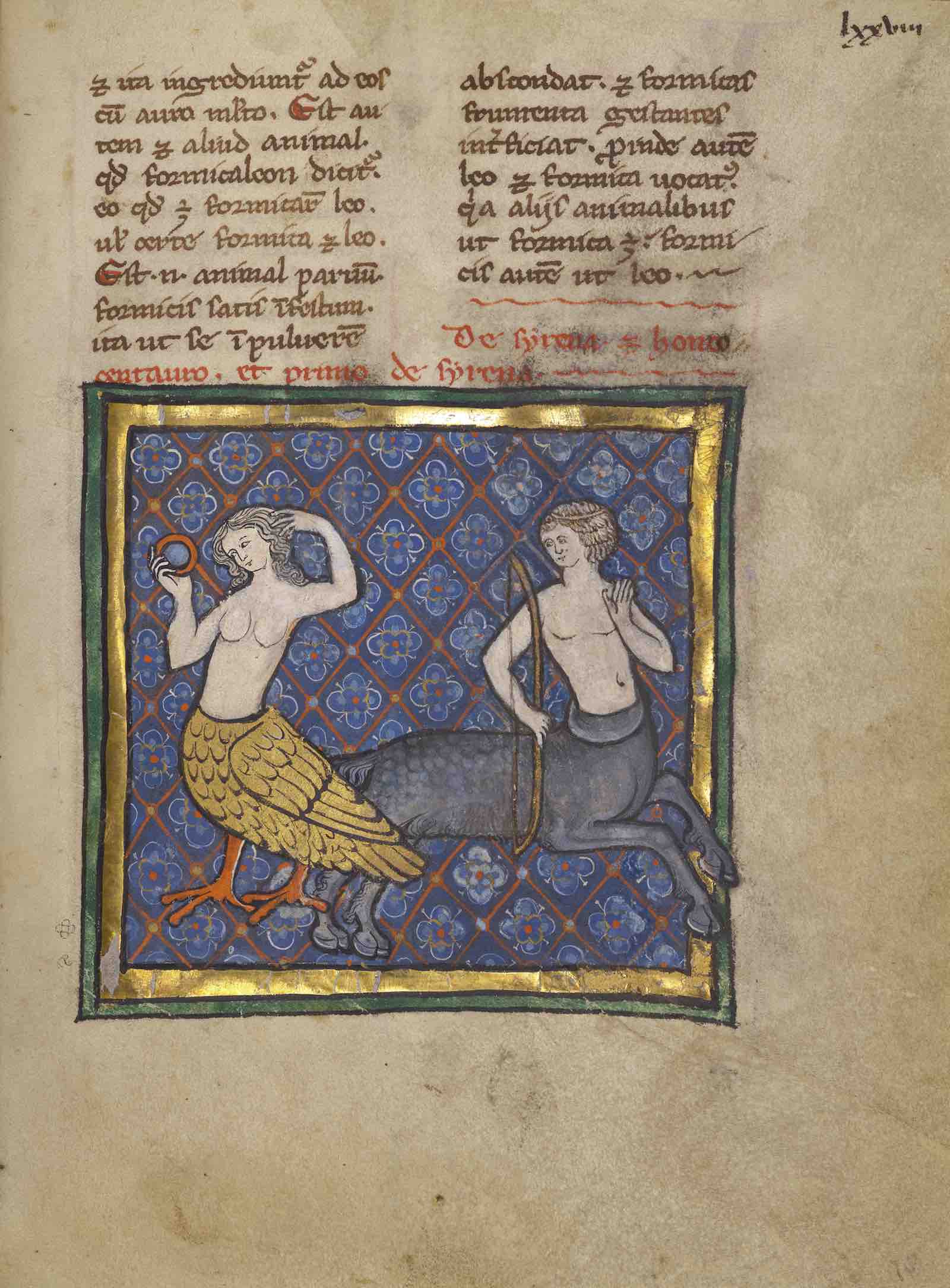 A siren and a centaur, about 1270, from bestiary, Franco-Flemish, tempera colors, gold leaf, and ink on parchment