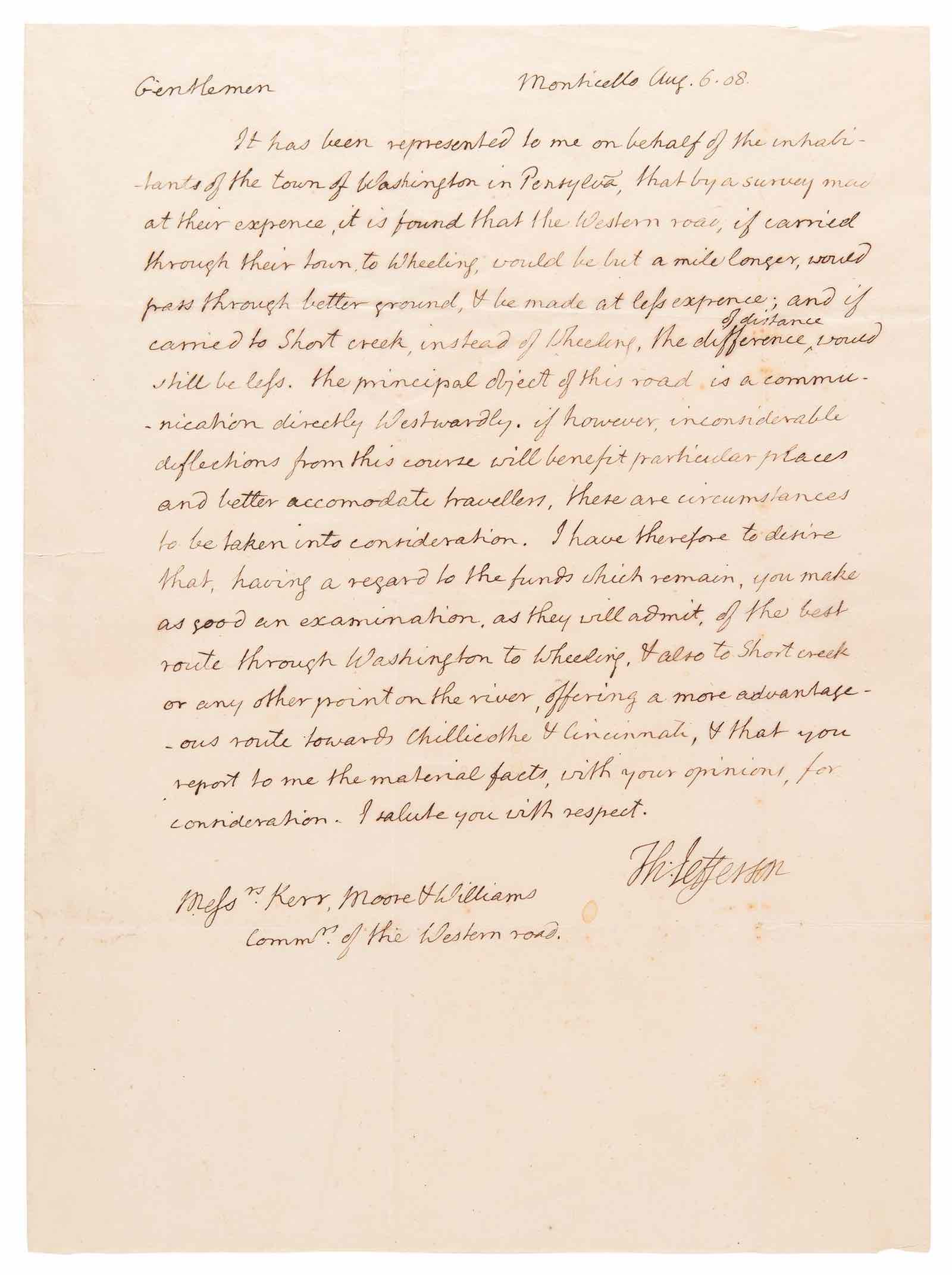 a rare 1808 document signed by President Thomas Jefferson discussing the planning of the "Western Road,"
