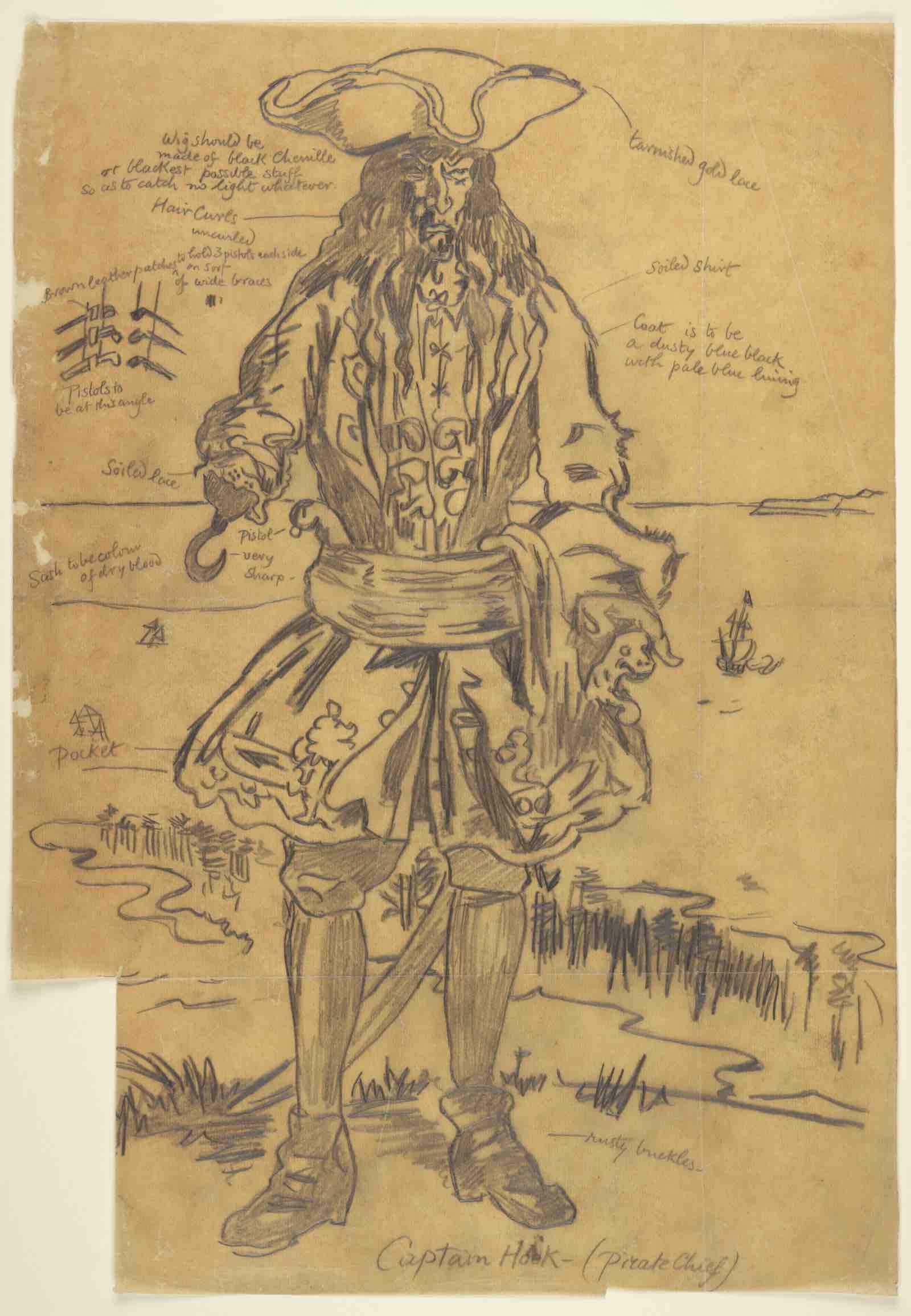 William Nicholson, costume design for Captain Hook from the original London stage production of Peter Pan, ca. 1904. Graphite on paper.