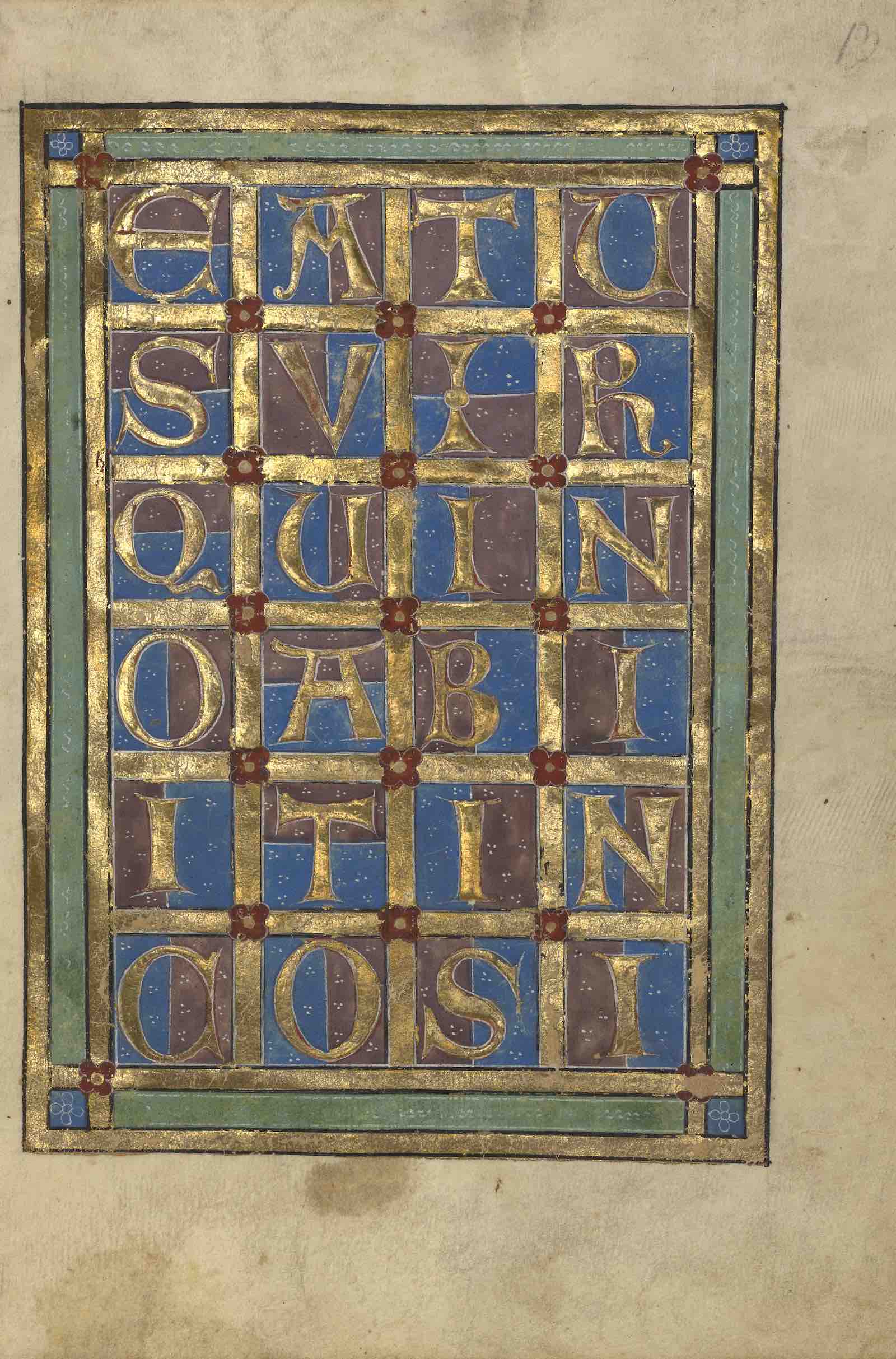 Decorated incipit page from psalter, German, about 1240 –50. Tempera colors, gold leaf, and silver leaf on parchment