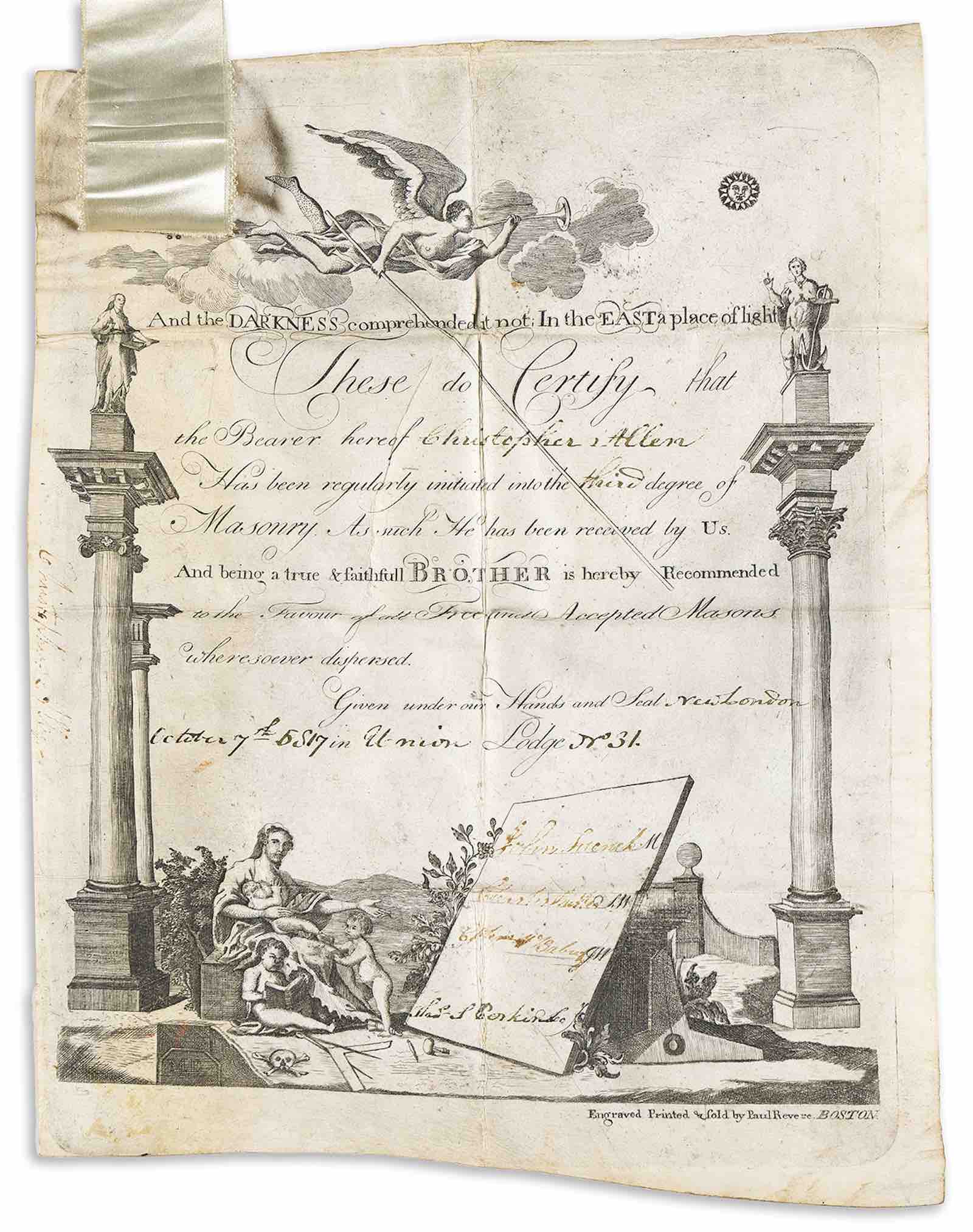 Paul Revere, Masonic certificate