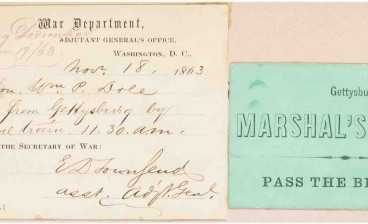 William P. Dole's Railroad Pass to Travel to Gettysburg on November 18, 1863 and Gettysburg Marshal's Ticket Dated November 19