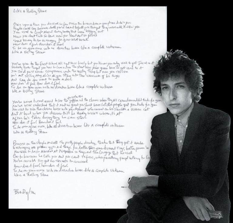 Bob Dylan’s handwritten and signed lyrics to the classic rock song Like a Rolling Stone
