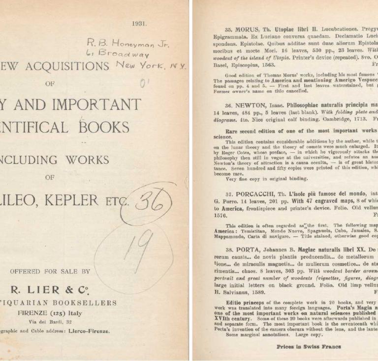 Cover leaf of catalogue source for the 1713 Principia, from bound volume 17.