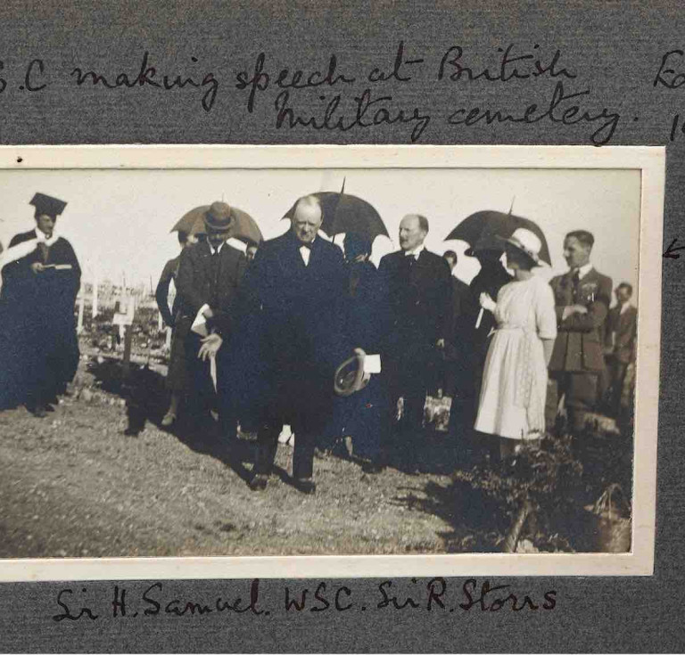 Captain Maxwell H. Coote, Winston Churchill, Sir Herbert Samuel, Sir Ronald Storrs in British Cemetery, Jerusalem, 1921