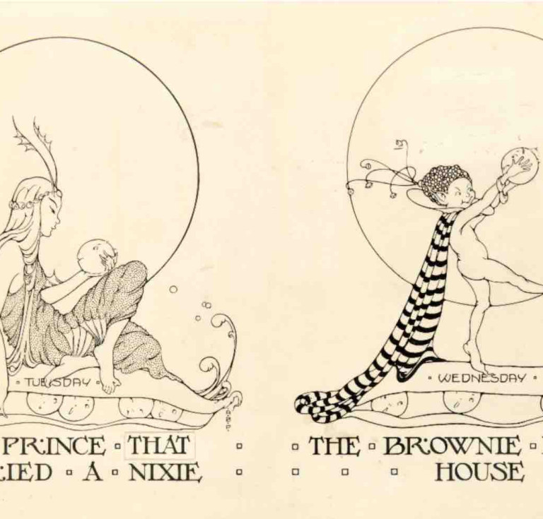 Alice Bolam Preston (1889-1958), The Prince That Married a Nixie and The Brownie in the House. Seven Peas in the Pod by Margery Bailey, 1919. Pen and ink on board.