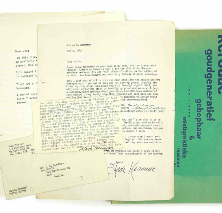 Three letters by Jack Kerouac, written between 1964 and 1969 to Jef Bierkens, editor of the avant-garde magazine Labris. Offered by Demian Gallery for €15,000.