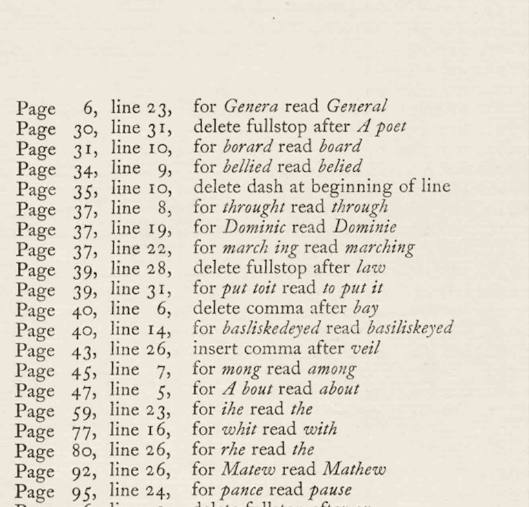 A section of the errata slip for James Joyce’s Ulysses